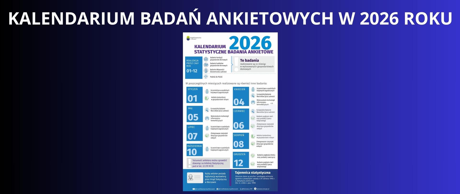 Granatowe tło z białym napisem "Kalendarium badań ankietowych w 2026 roku". Pod napisem plakat odnoście działań ankietowych z Urzędu Statystycznego w Warszawie.
