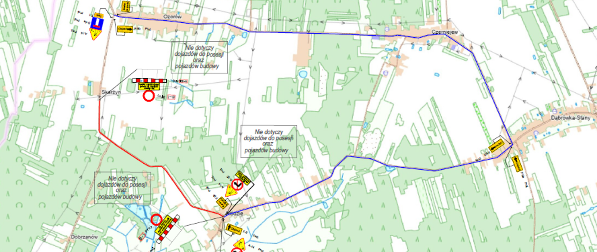 Grafika przedstawia: mapę zamkniętego odcinka drogi powiatowej nr 3646W i 3647W od m. Skarżyn do m. Kłódzie, z zaznaczonym objazdem przez wsie Ozorów, Czerniejew i Dąbrówka-Stany

