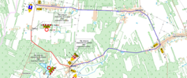 Grafika przedstawia: mapę zamkniętego odcinka drogi powiatowej nr 3646W i 3647W od m. Skarżyn do m. Kłódzie, z zaznaczonym objazdem przez wsie Ozorów, Czerniejew i Dąbrówka-Stany
