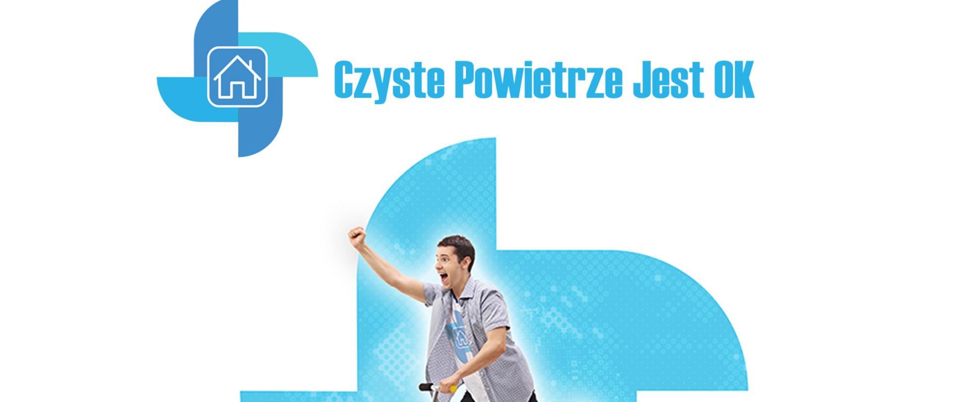 Grafika konkursowa „Czyste Powietrze Jest OK – KONKURS” z logo programu u góry oraz mężczyzną jadącym na hulajnodze na tle niebieskiego symbolu, promująca ekologiczny styl życia.