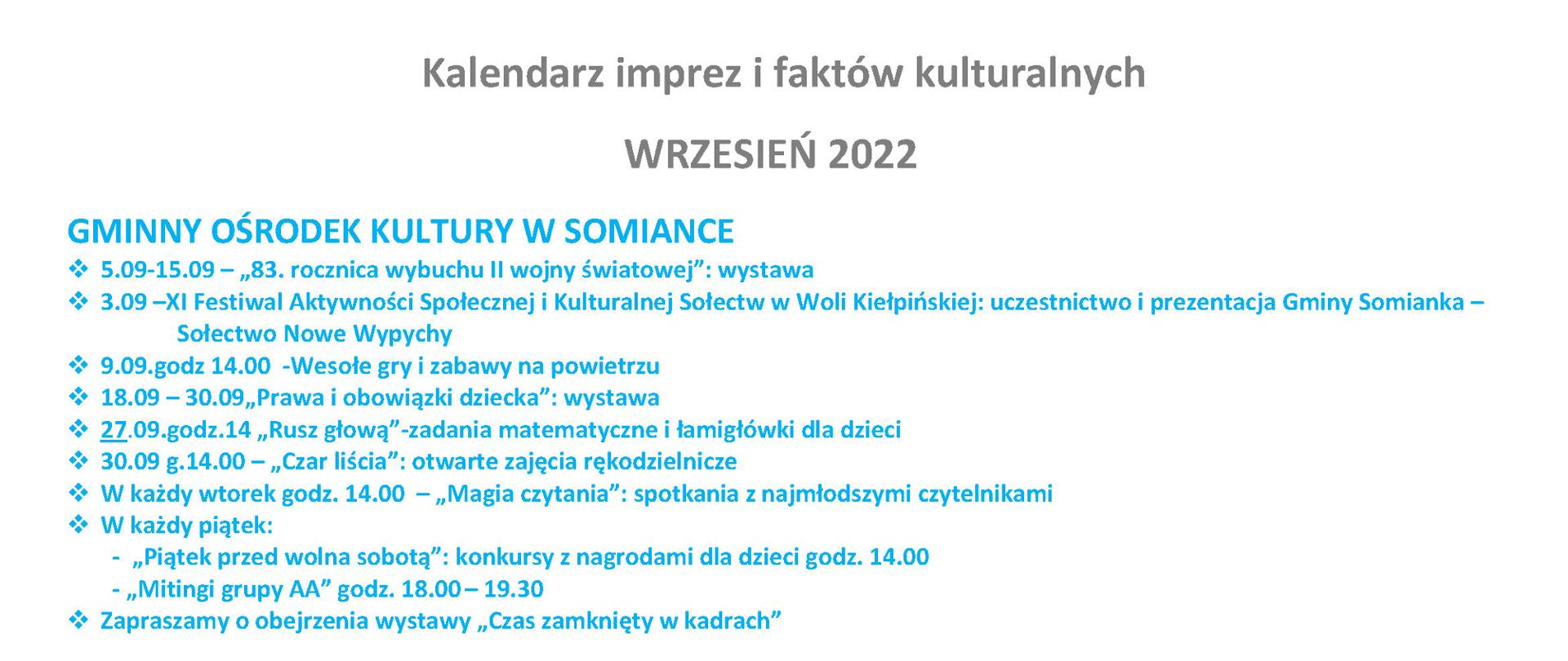 Kalendarz imprez i faktów kulturalnych wrzesień 2022