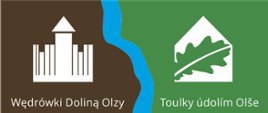 Logo projektu „Wędrówki Doliną Olzy/Toulky údolím Olše”. Z lewej strony błękitnej wstęgi przedstawiającej rzekę Olzę symbol Archeoparku w Podoborze i napis Toulky údolím Olše. Z prawej strony wstęgi symbol Domu Przyrodnika w Hażlachu i napis Wędrówki Doliną Olzy.