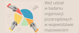 na beżowym tle po lewej części kolorowe koło podzielone na części, niektóre z nich trzymane w dłoniach. Po prawej napis Weź udział w badaniu organizacji pozarządowych w województwie mazowieckim 