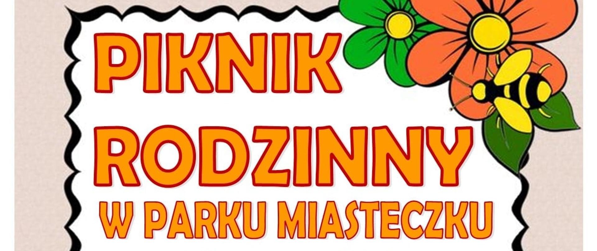 kolorowy plakat z kwiatkami i pszczołami zaproszenie na piknik rodzinny 