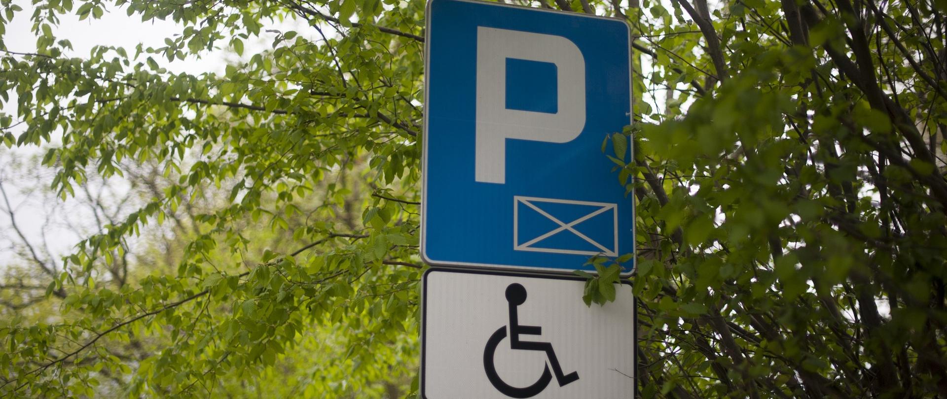 Znak drogowy umożliwiający parkowanie osobom z niepełnosprawnościami. Znak znajduję obok zielonego drzewa.
