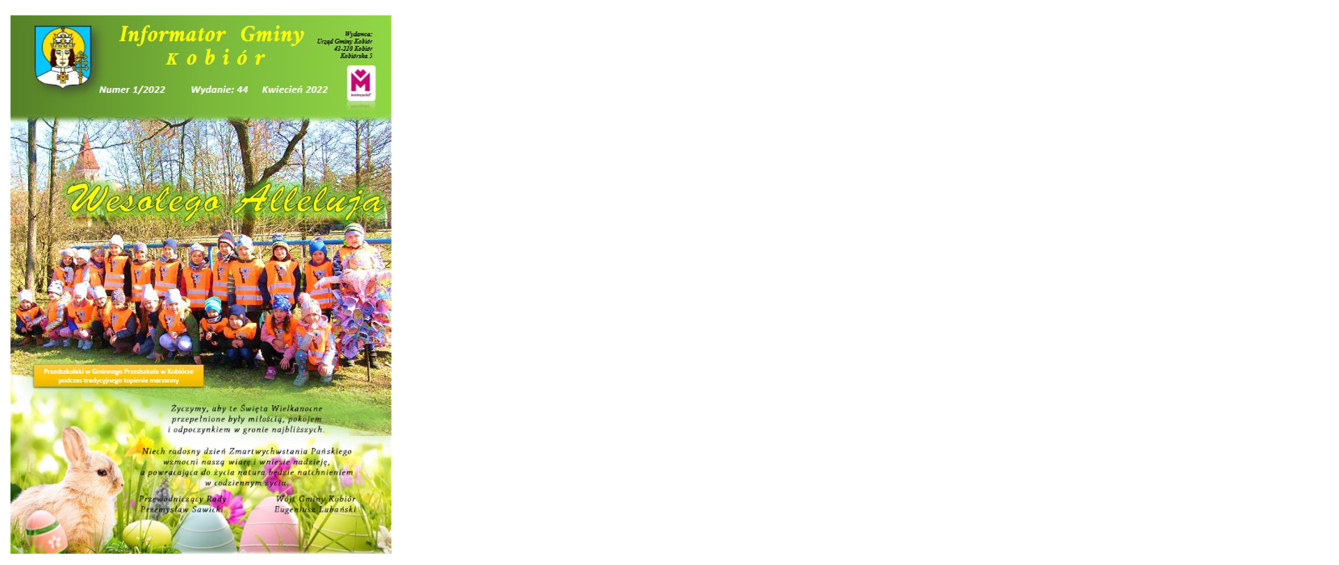 Zdjęcie przedstawia okładkę informatora Gminy Kobiór z kwietnia 2022 roku na której widać przedszkolaków gminnego przedszkola w Kobiórze
