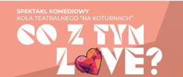 Plakat utrzymany w ciepłej, pomarańczowej kolorystyce. Na środku widnieje tytuł spektaklu "Co z tym love" z motywem serca. W dolnej części znajdują się trzy kobiety siedzące na kanapie, rozmawiające i trzymające napoje w tle widoczne są sylwetki postaci przedstawiające różne emocje i sytuacje związane z relacjami. po prawej umieszono datę i godzinę wydarzenia 23 kwietnia 2026 rok godz. 18:00. Na dole informacje o organizatorze oraz obsadzie