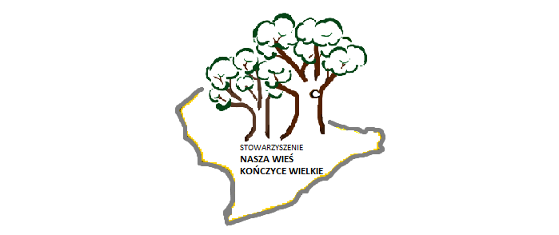 Logotyp stowarzyszenia: zarys granic Kończyc Wielkich, w środku dwa pomnikowe dęby z zielonymi koronami, napis Stowarzyszenie Nasza Wieś Kończyce Wielkie