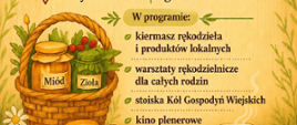 Na plakacie umieszczono informacje o wydarzeniu (zawarte w artykule), u dołu plakatu stoi kosz z przetworami, deska serów i kubek z herbatą