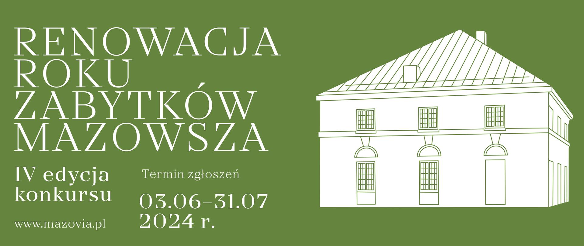 Grafika tytułowa z nazwą konkursu. Na zielonym tle biały zabytkowy pałac w formie ilustracji.