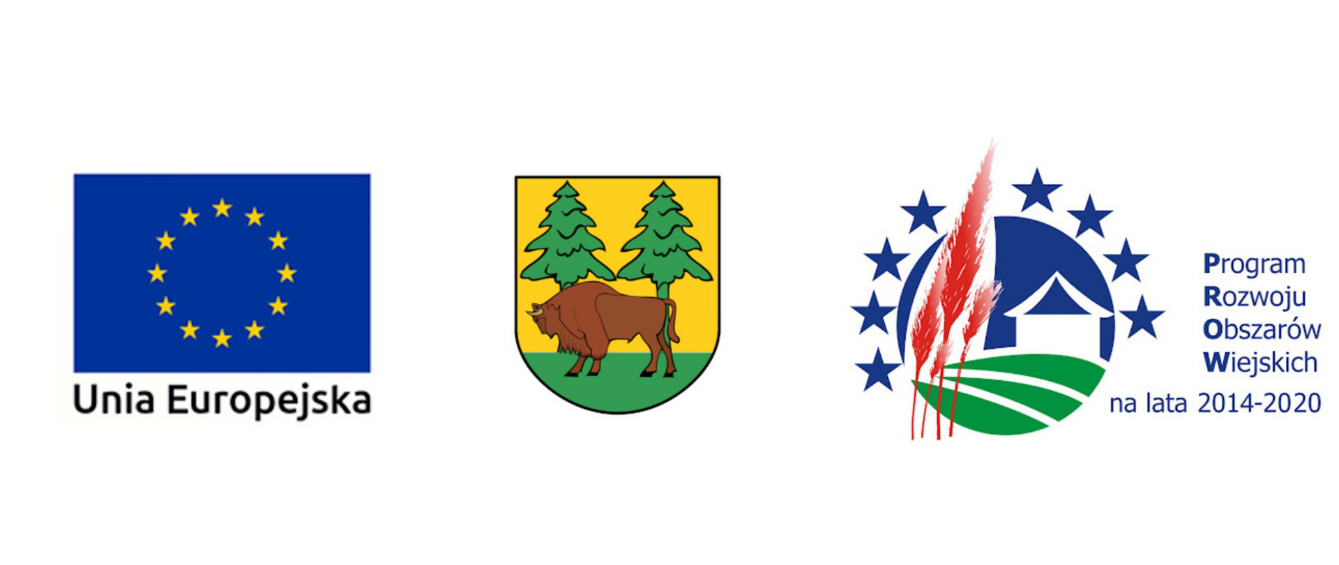 Logotypy projektu: od lewej Flaga Unii Europejskiej (na niebieski tle 12 gwiazdek tworzących koło), Herb Powiatu Hajnowskiego (na żółto - zielonym tle żubr i dwa świerki), logo Programu Rozwoju Obszarów Wiejskich na lata 2014-2020 (Na niebieskim tle czerwone kłosy, grafika domu i pola. Całość okalają niebieskie gwiazdy)
