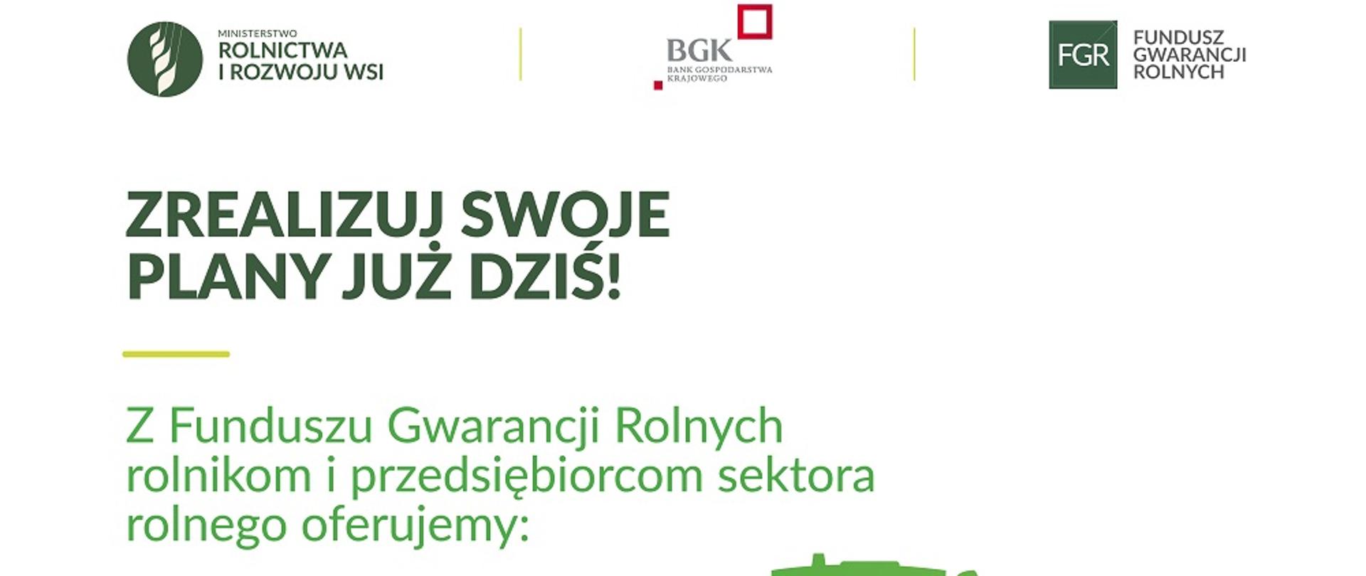 Plakat przedstawia grafikę ciągnika z maszyną rolniczą na bało zielonym tle 