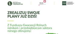 Plakat przedstawia grafikę ciągnika z maszyną rolniczą na bało zielonym tle 