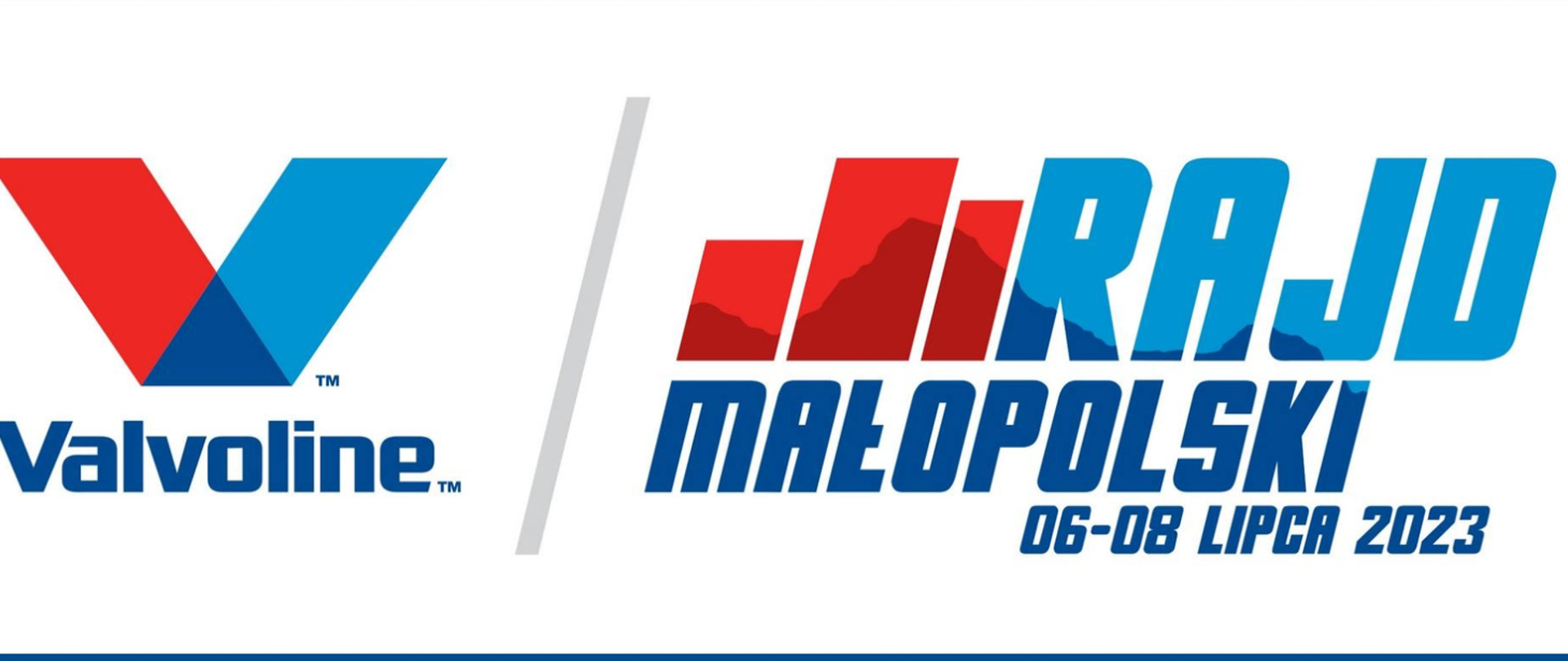 Baner rajdu - na białym tle "Valvoline Rajd Małopolski 06-08 lipca 2023" napis w kolorach czerwonym niebieskim i granatowym