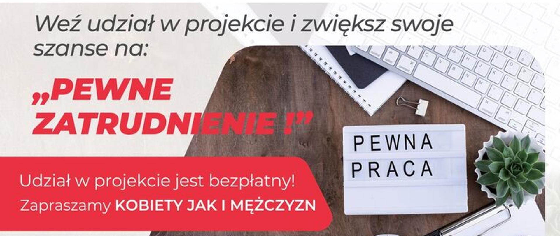 plakat w kolorach szarego i czerwonego na górze brązowe biurko z artykułami biurowymi 