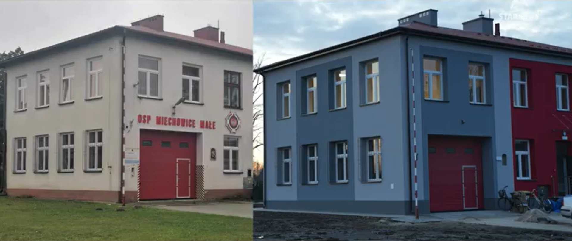 zdjęcie przedstawia po lewej widok na stary budynek od strony wejścia do OSP,, z prawej strony widnieje podobne ujęcie już po termomodernizacji budynku.
