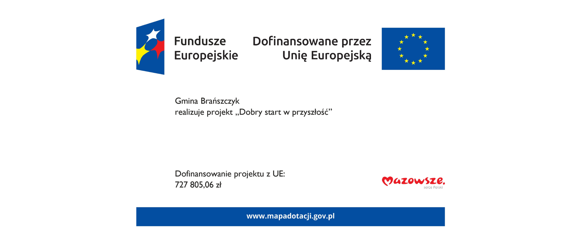 Grafika informacyjna z logotypami Funduszy Europejskich oraz Unii Europejskiej. Tekst informuje, że Gmina Brańszczyk realizuje projekt „Dobry start w przyszłość”, dofinansowany ze środków Unii Europejskiej w kwocie 727 805,06 zł. Na dole widoczny adres strony www.mapadotacji.gov.pl oraz logo „Mazowsze – serce Polski”.