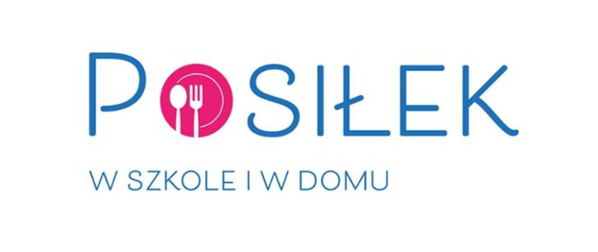 Logo programu "Posiłek w szkole i w domu". Tekst jest zapisany w niebieskim kolorze, w słowie "posiłek" literę "o" zastepuje różowo biały symbol talerza z łyżką i widelcem