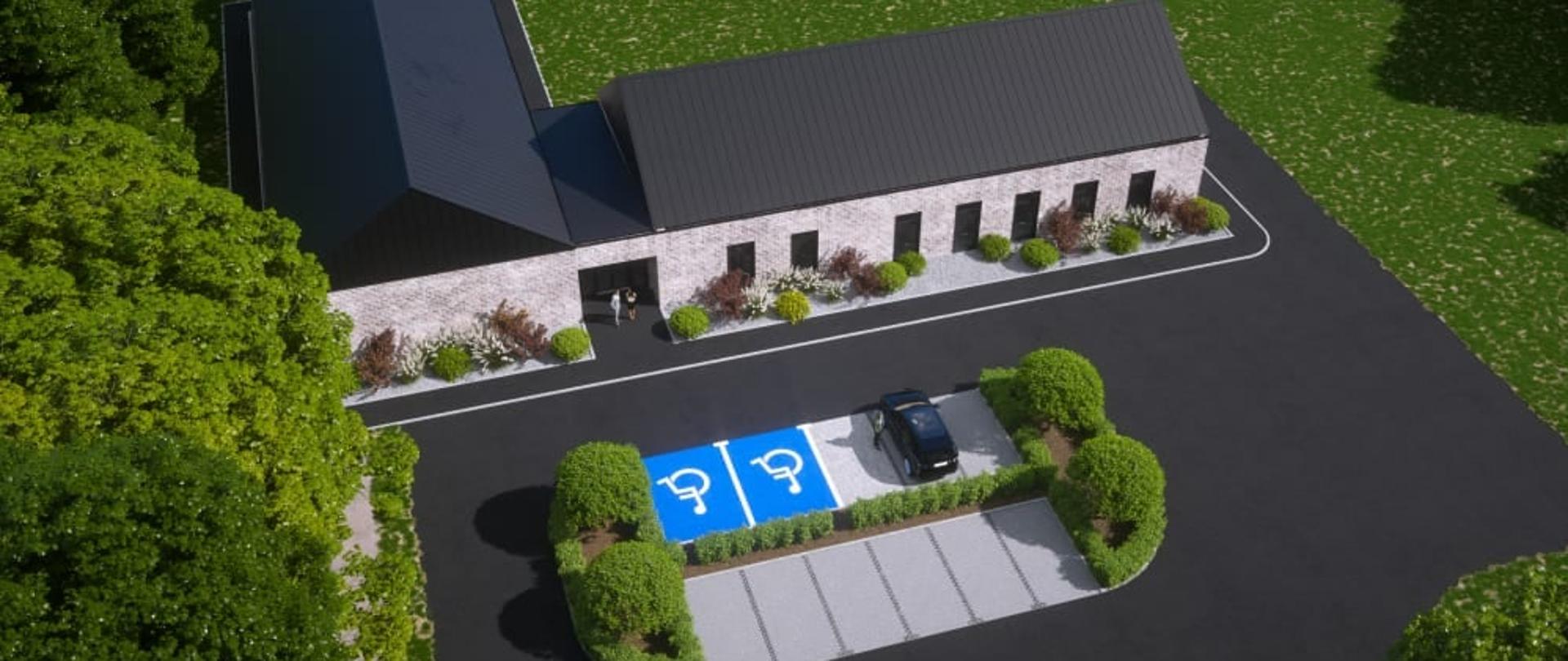 Grafika przedstawia wizualizację projektu Środowiskowego Domu Samopomocy w Przasnyszu. 