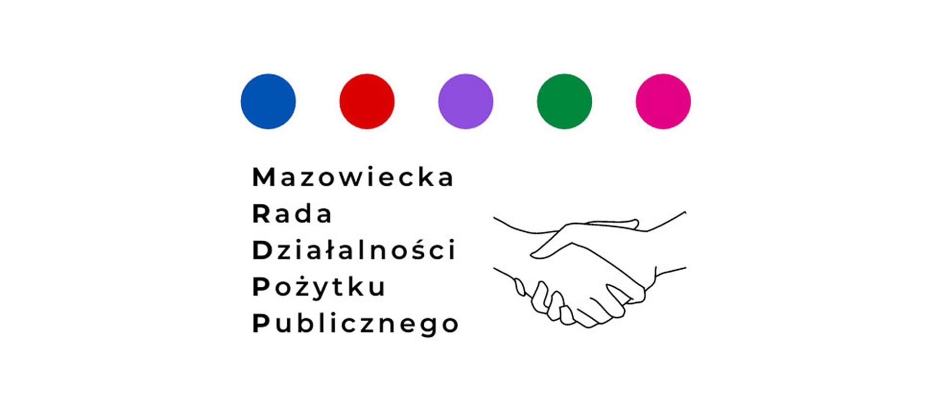 Napis: Mazowiecka Rada Działalności Pożytku Publicznego oraz kontur dwóch splecionych dłoni wszystko w centralnie położone na białym tle 