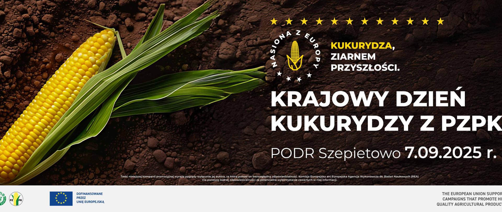 banner z grafiką kukurydzy i napisami dotyczącym promocji wydarzenia "Krajowy Dzień Kukurydzy z PZPK"