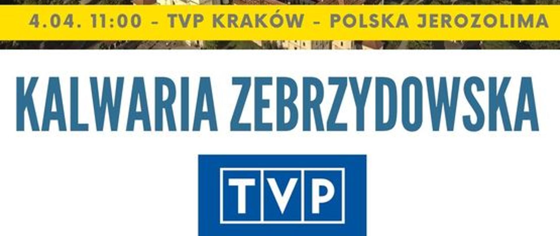 Plakat podzielono na 4 części. Na górze chór młodych osób śpiewający koncert pasyjny, następnie tłum ludzi uczestniczący w drodze krzyżowej, sanktuarium pasyjno-maryjne z lotu ptaka oraz logotyp tvp 1 wraz z napisem Kalwaria Zebrzydowska 