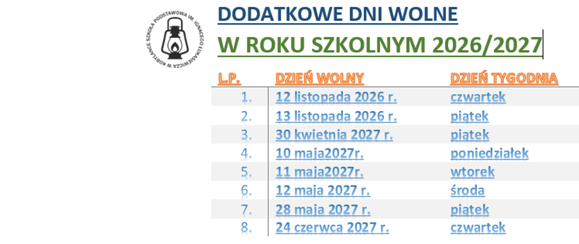 Dodatkowe dni wolne w roku szkolnym 2026/2027