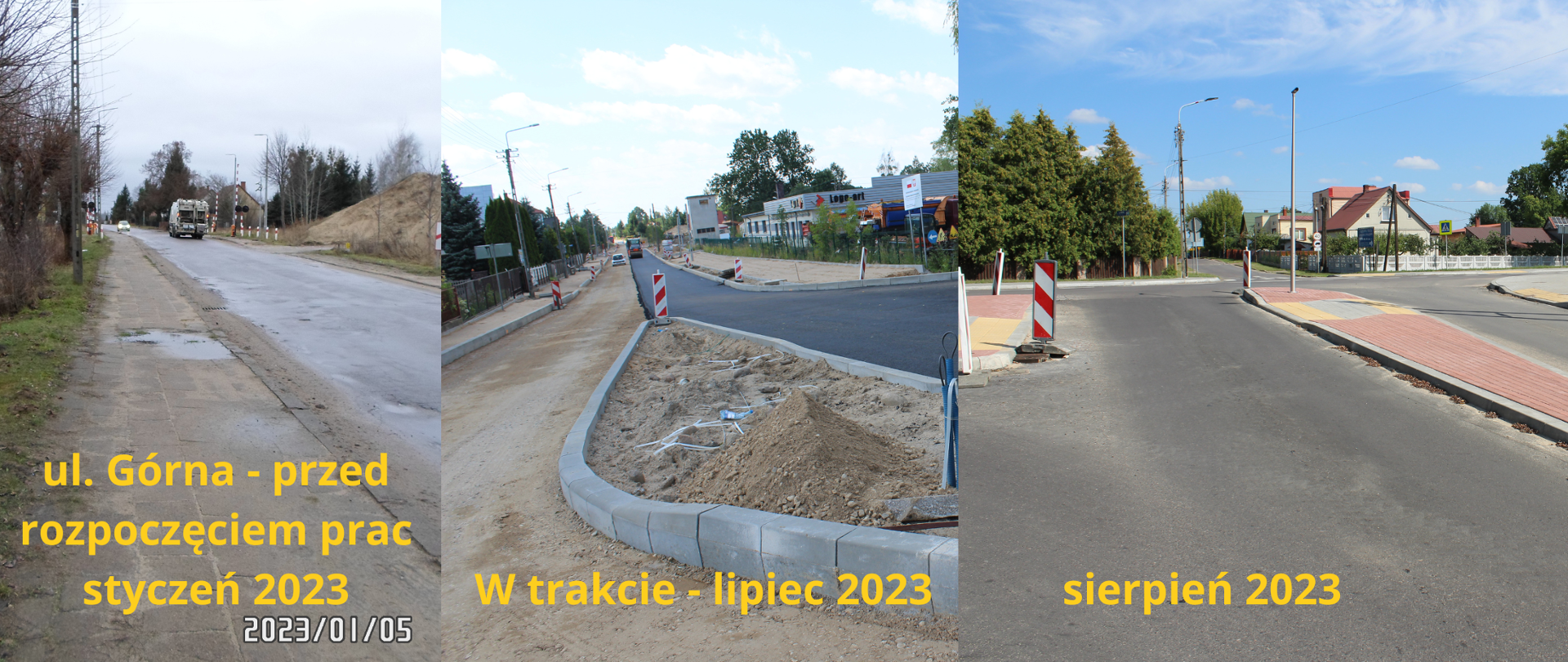 Kolaż zdjęć - od lewej zdjęcie przed rozpoczęciem prac ze stycznia 2023 r. - widok spękanej nawierzchni na drodze i dziurawych krawężników, kolejne zdjęcie - w trakcie prac - widok prac nad nawierzchnią drogi, po prawej - zdjęcie z sierpnia 2023 przedstawiające nową nawierzchnię drogi 