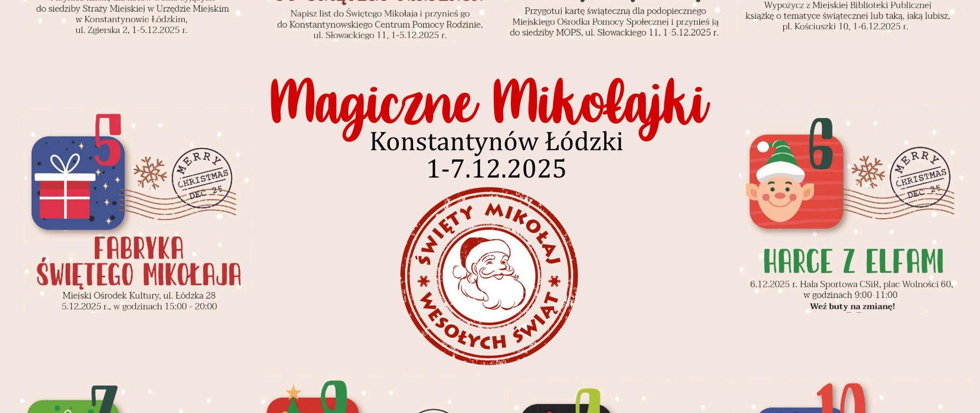 Grafika przedstawia plan działania magicznych Mikołajek. Na grafice opisane są w punktach działania, które trzeba wykonać aby otrzymać pieczątkę Świętego Mikołaja 