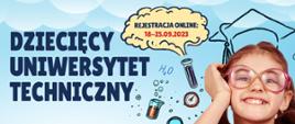 po prawej stronie dziewczynka w okularach oparta o książki po lewej stronie dużymi literami napisane dziecięcy uniwersytet rzeszowski