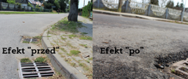 Kolaż zdjęć prezentujący efekt "przed" i "po" remoncie - po lewej stronie zdjęcia dziur w nawierzchni drogi, po prawej - nowa nawierzchnia i chodnik