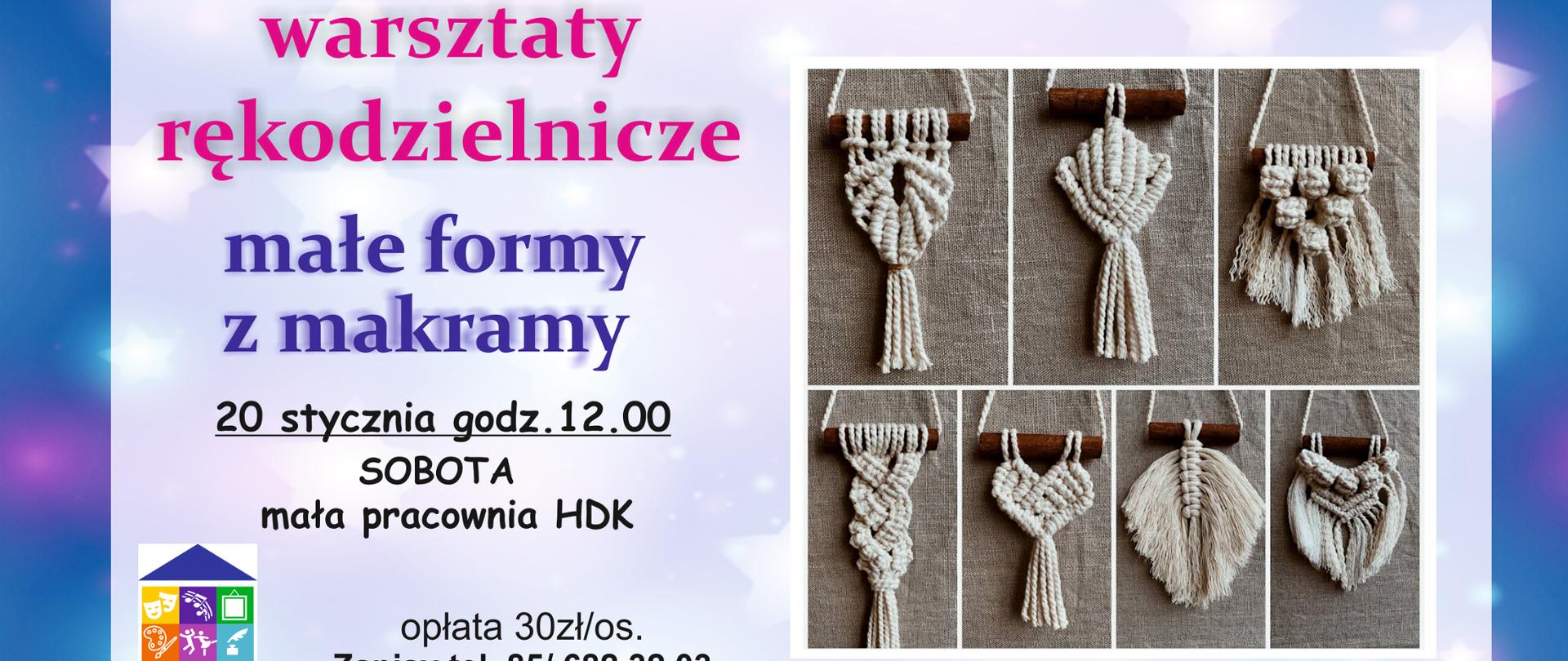 Na niebieskim tle zdjęcie makramy, obok informacje organizacyjne, zawarte w artykule