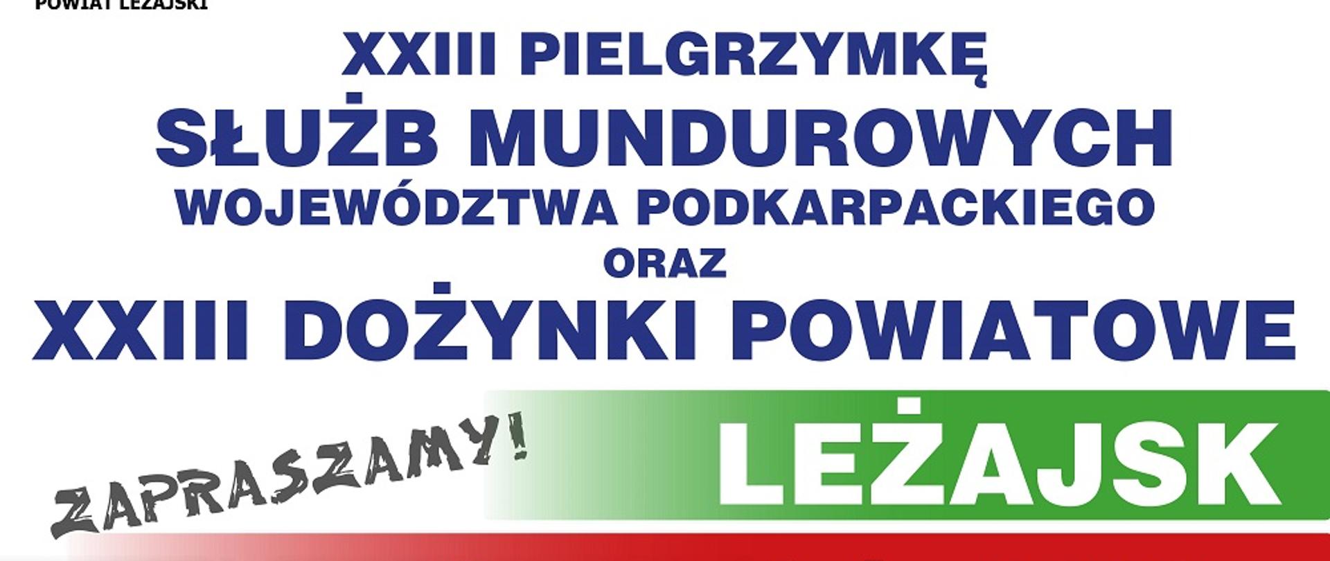 Plakat jest zaproszeniem na dożynki powiatowe utrzymany w białej tonacji z granatowymi literami . Na plakacie wieńce dożynkowe, służby mundurowe oraz wypieki chleba 