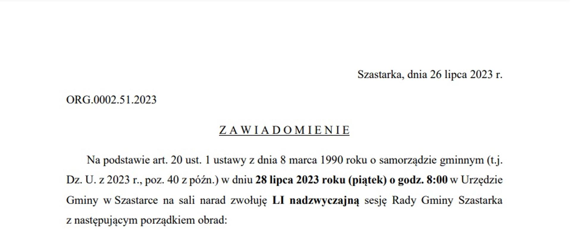 Zawiadomienie o nadzwyczajnej sesji Rady Gminy Szastarka