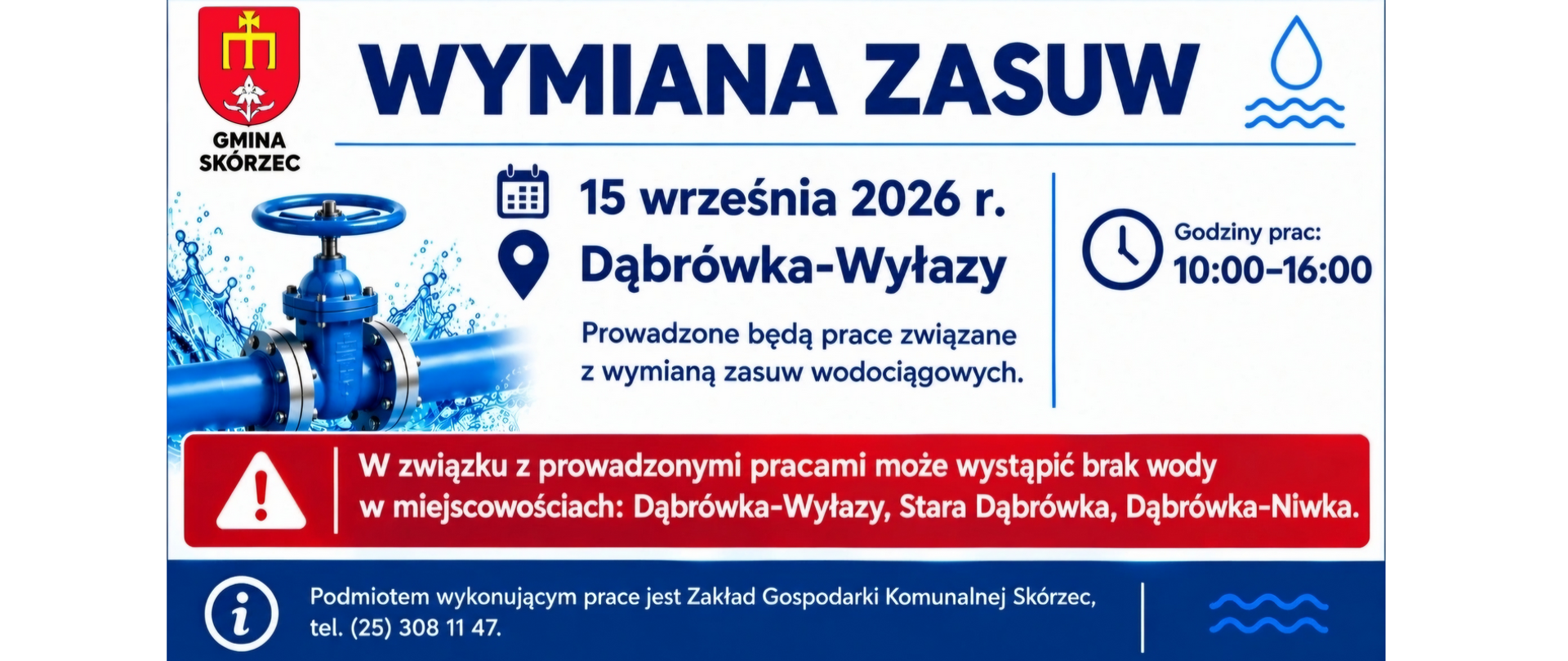 Wymiana zasuw wodociągowych Dąbrówka-Wyłazy 15 września 2026 r.