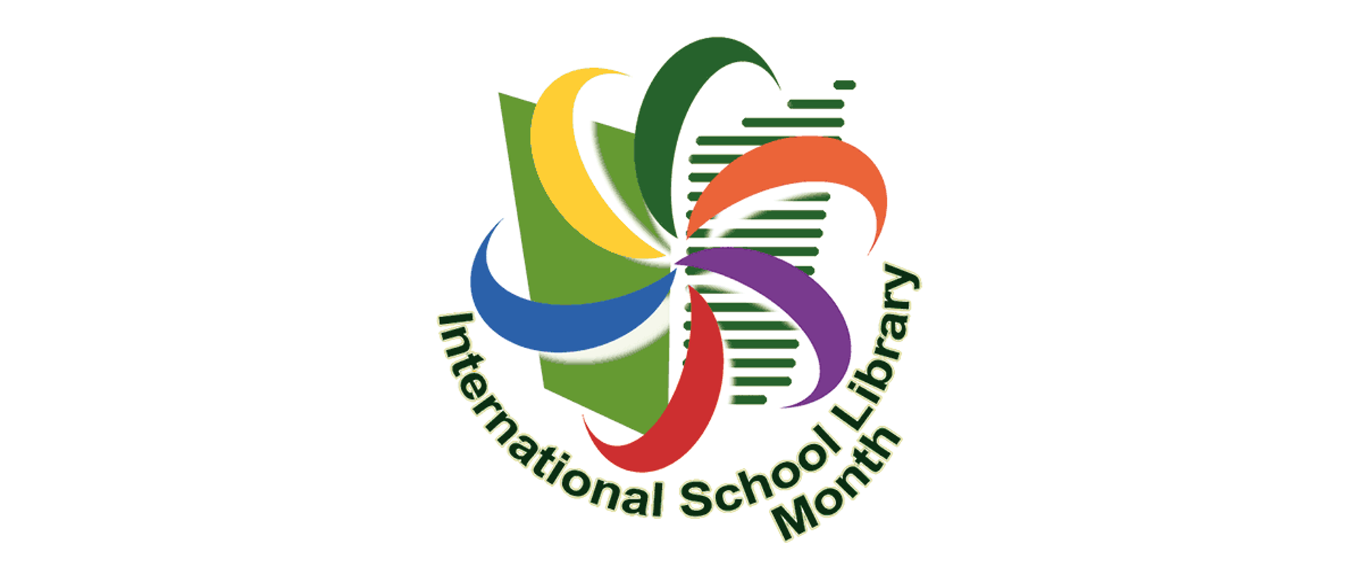 Grafika zielonek ksiązki, na niej kolory w układ wiatraka. International School Library Month