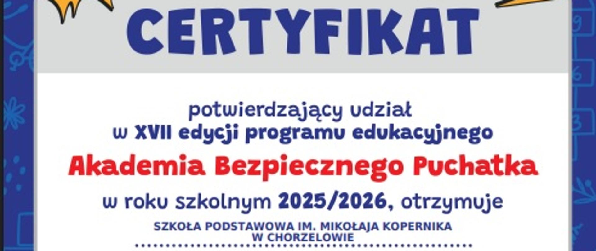 Certyfikat Akademii Bezpiecznego Puchatka 2025/26