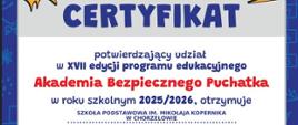 Certyfikat Akademii Bezpiecznego Puchatka 2025/26
