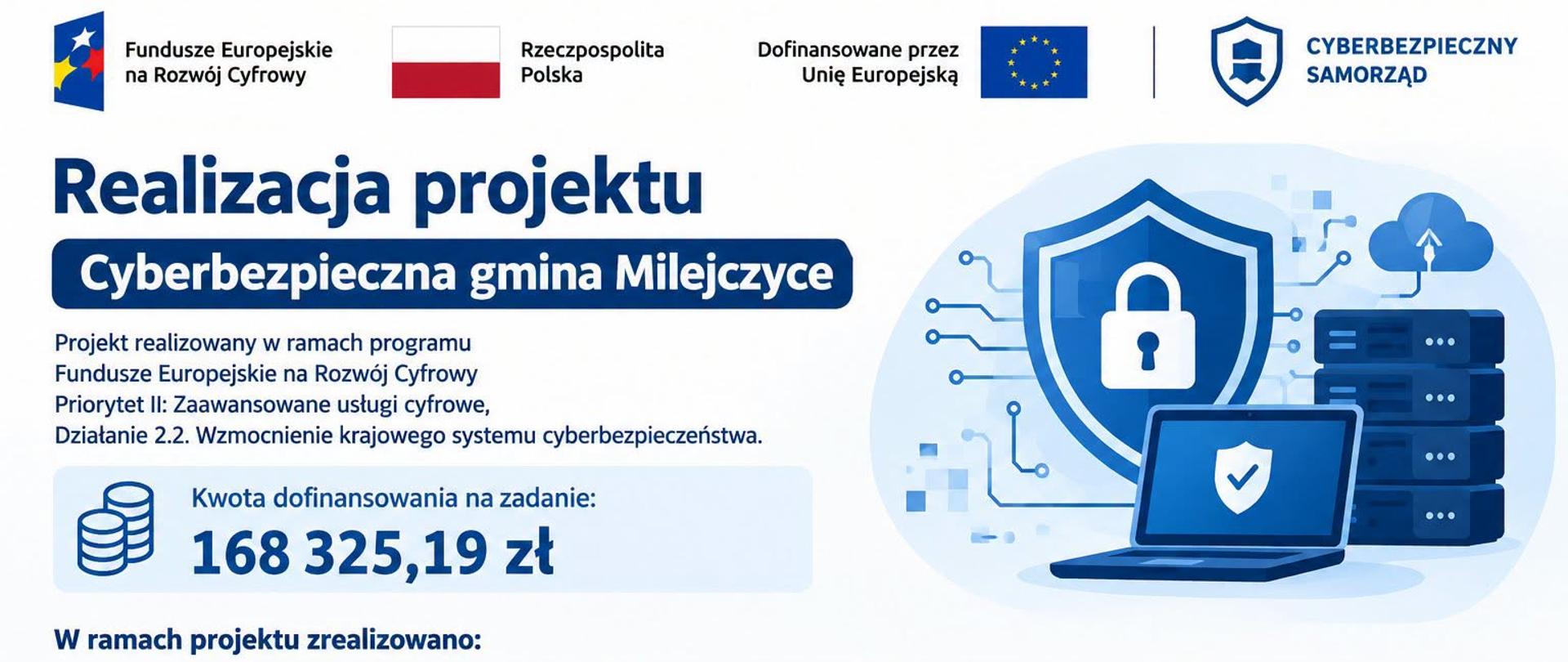 zdjęcie przedstawia plakat projektu grantowy "Cyberbezpieczna gmina Milejczyce" z oznaczeniami funduszy europejskich, flaga Polski, komputerem w korze niebieskim i kwota dotacji