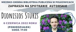 Plakat z informacją o spotkaniu organizowanym przez bibliotekę w Polkowicach ze znanym autorem