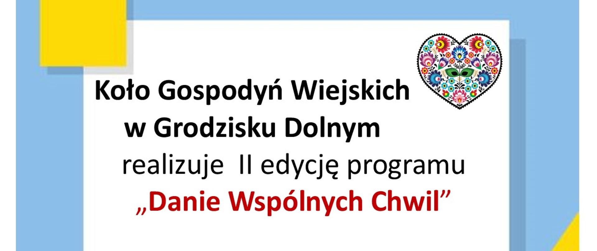 jasnoniebieskie tło, żółte i białe wstawki czarne litery zaproszenie na wspólne biesiadowanie, w prawym górnym rogu kolorowe serce