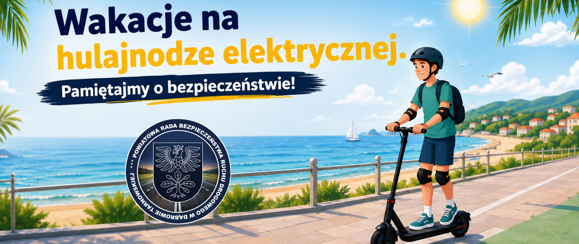 Grafika z napisem: Wakacje na hulajnodze elektrycznej. Pamiętajmy o bezpieczeństwie!