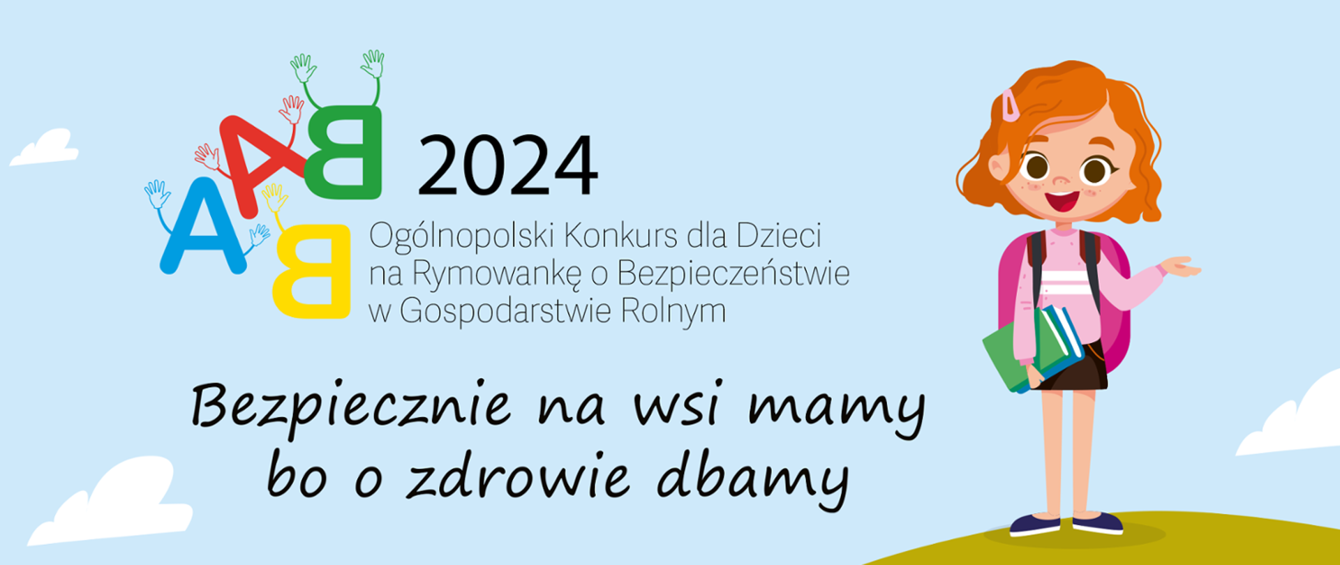 Po lewej stronie plakatu kolorowe literki, na środku nazwa konkursu, po prawej grafika dziewczynki.