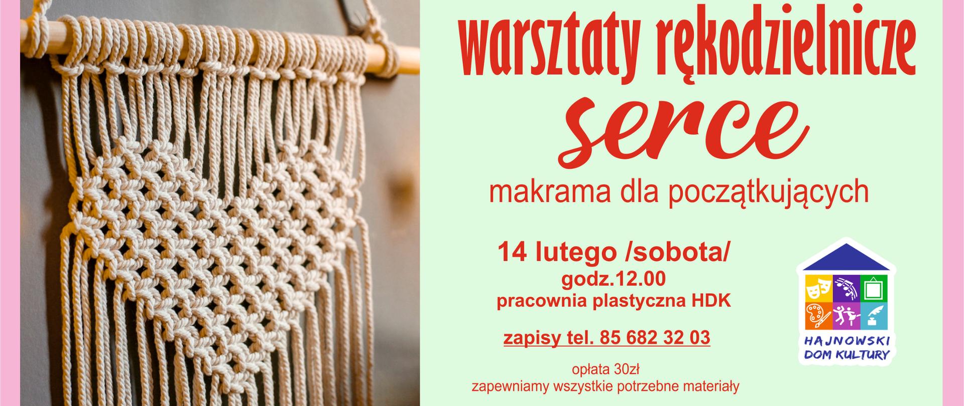 Na tle zdjęć makramy umieszczono informacje o wydarzeniu, zawarte w artykule