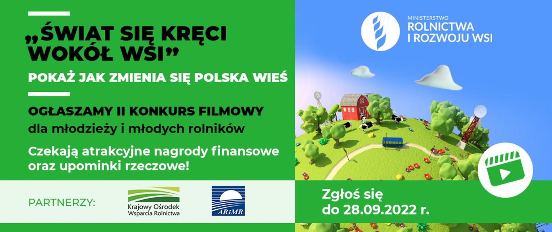 Banner reklamujący konkurs ministerstwa rolnictwa i rozwoju wsi pod tytułem "Świat się kręci wokół wsi".
