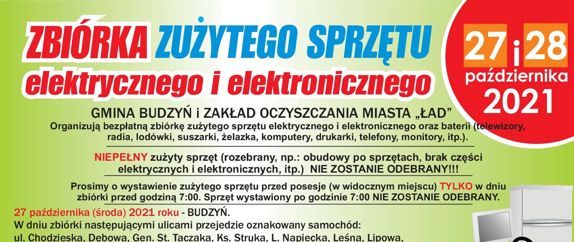 Ulotka informująca o zbiórce zużytego sprzętu elektrycznego i elektronicznego w Budzyniu w dniach 27 i 28 października 2021 roku