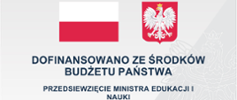 Flaga Polski i Godło Polski poniżej tekst: Dofinansowano ze środków budżetu Państwa. Przedsięwzięcie Ministra Edukacji i Nauki na jasno-szarym tle z wizerunkiem orła.