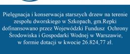Pielęgnacja i konserwacja starszych drzew na terenie
zespołu dworskiego w Szkopach, gm.Repki
dofinansowano przez Wojewódzki Fundusz Ochrony
Środowiska i Gospodarki Wodnej w Warszawie,
w formie dotacji w kwocie 26.824,77 zł. 