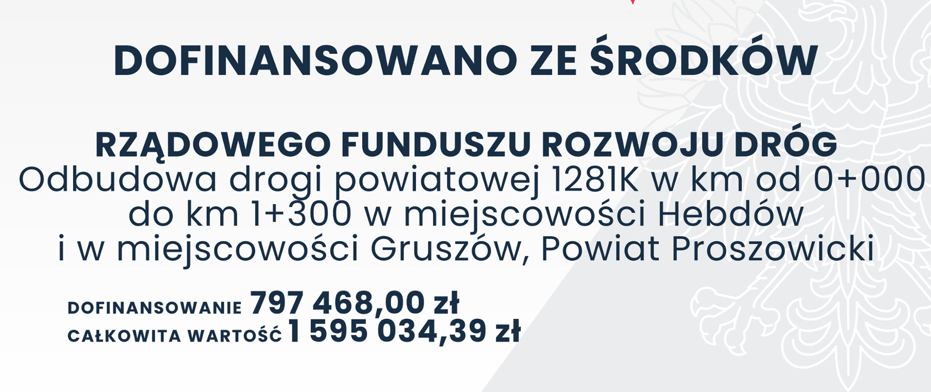 Tablica informacyjna o dofinansowaniu ze środków Rządowego Funduszu Rozwoju Dróg dotycząca odbudowy drogi powiatowej 1281K w km od 0+000 do km 1+300 w miejscowości Hebdów i w miejscowości Gruszów, Powiat Proszowicki.
Dofinansowanie 797 468 zł, całkowita wartość 1 595 034,39 zł