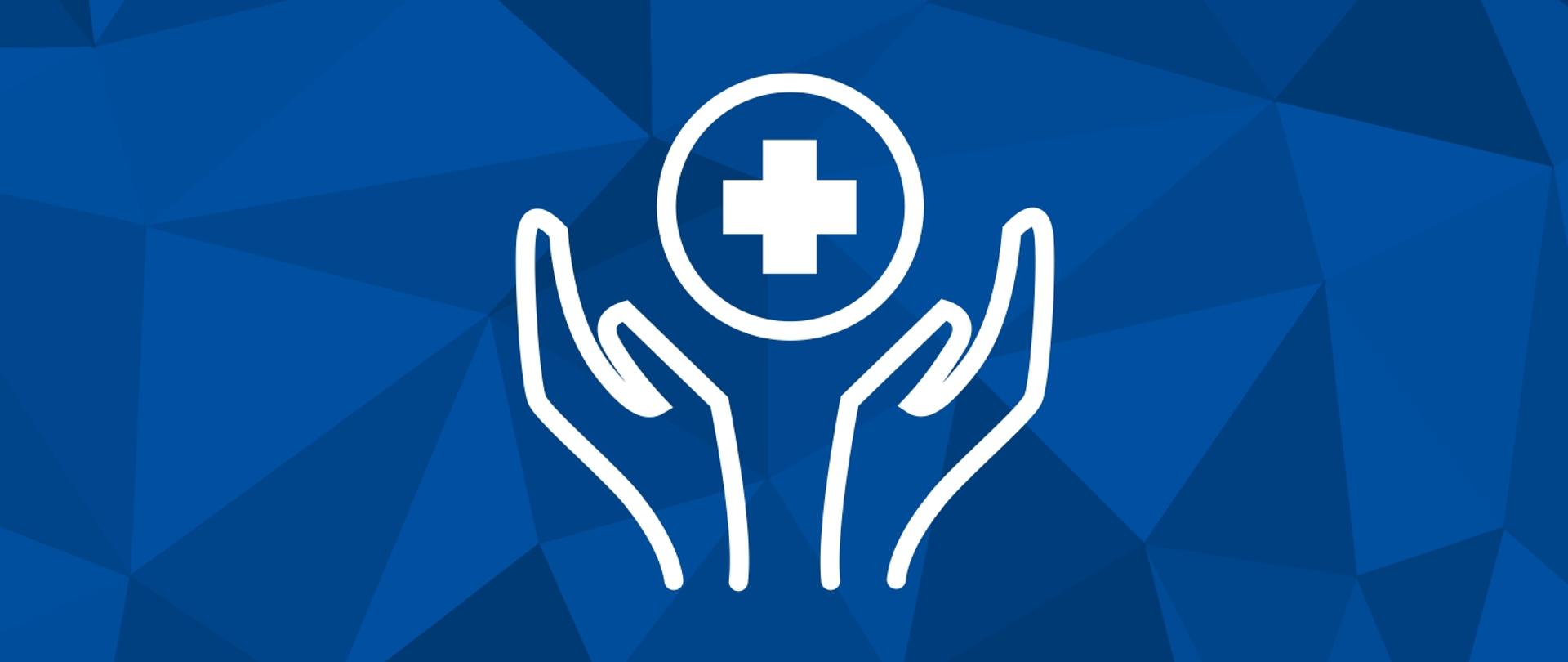 Grafika przedstawia białą ikonę w postaci dłoni otaczających symbol opieki zdrowotnej, białego krzyża w okręgu. Tło grafiki złożone jest trójkątów w odcieniach koloru niebieskiego.